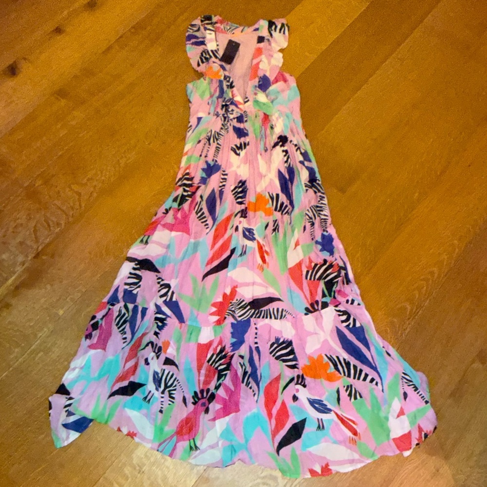 Oliphant Vibrant V-Neck Tropical Ruffle Maxi Dress with Zebras, Pink and Green!